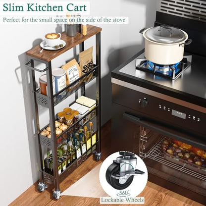 XYZLVSI Utility Slim Storage Cart on Wheels, 4 Tier Laundry Room Organizers | 5" W narrow shelf for small spaces, skinny rolling cart with wooden top and metal handle for kitchen/bathroom/Office/Dorm - size: 16.7"Dx5.0"Wx34"H