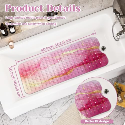 Marble Bath Tub Mat Non Slip, Pink Marble Non Slip Bath Mat for Shower, Large Washable Shower mats for Showers with Drain Holes and Suction Cups,40 X 16 Inch - color: Pink Marble