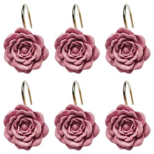 Twofishes Pink Rose Shower Curtain Hooks Set of 12 Pink Rose Flower Shower Rings Pack of 12