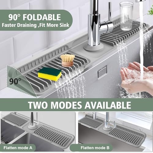 24-Inch Kitchen Sink Splash Guard Mat | 7° Slope for Fast Self-Draining | Snap-Lock Design | Universal & Cuttable Silicone Faucet Mat Gray - color: Gray, size: 24" x 5.5"