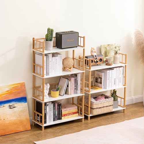 5-Tier Expandable Freestanding Open Bamboo Book Shelf - No-Tool Assembly & Modular,Bathroom Storage Shelf Unit Plant Stand for Small Space, Bedroom, Living Room, Home Office (White, 5-Tier WithRail) - color: White 5-tier-2