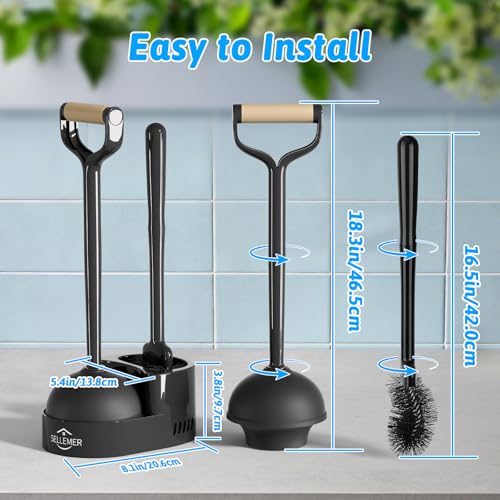 Toilet Brush and Plunger Set, Curved Head Deep Clean, Black 2 Pack | Brush and Plunger set, Curved Nylon Bristles for Deep Clean, Strong Suction Plunger, Ventilated Holder for Quickly Air Dry - color: Black
