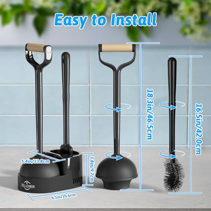 Toilet Brush and Plunger Set, Curved Head Deep Clean, Black 2 Pack | Brush and Plunger set, Curved Nylon Bristles for Deep Clean, Strong Suction Plunger, Ventilated Holder for Quickly Air Dry - color: Black