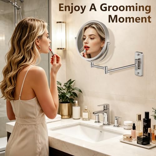 ALHAKIN 1X/30X Wall Mounted Makeup Mirror, 8 Inch Double Sided Magnifying Mirror for Wall, Bathroom Makeup Mirror with 360 Rotation Extendable Swivel Arm, Nickel