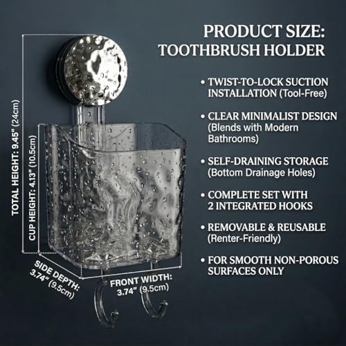 HOME&I Clear Suction Cup Toothbrush Holder for Shower Wall, Twist-to-Lock Drill-Free Bathroom Organizer with 2 Hooks, Self-Draining Wall Storage for Toothpaste, Razor & Accessories - size: 1 Pack / Clear