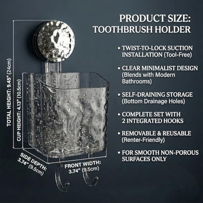 HOME&I Clear Suction Cup Toothbrush Holder for Shower Wall, Twist-to-Lock Drill-Free Bathroom Organizer with 2 Hooks, Self-Draining Wall Storage for Toothpaste, Razor & Accessories - size: 1 Pack / Clear