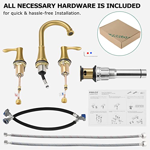 Brushed Gold Widespread Bathroom Sink Faucet 8 Inch for Vanity | with All Metal Pop Up Drain, High Arc 2 Handle Lead-Free Deck Mount Bathroom Faucet for 3 Hole Lavatory Utility Sink - color: Brushed Gold