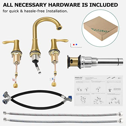 Brushed Gold Widespread Bathroom Sink Faucet 8 Inch for Vanity | with All Metal Pop Up Drain, High Arc 2 Handle Lead-Free Deck Mount Bathroom Faucet for 3 Hole Lavatory Utility Sink - color: Brushed Gold