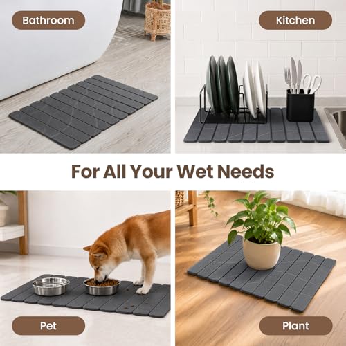 Non-Slip Stone Bath Mat for Bathroom, Foldable Super Absorbent | Mosthink Textured Quick Dry Diatomaceous Earth Mat for Bath Kitchen Counter, Easy to Clean(Dark Gray, 23.6'' x 15.3'') - color: Dark Grey