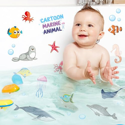 PRATIQUE Non Slip Bathtub Stickers, 6 Pages Sea Organism Ocean Fish Adhesive Kids Anti Slip Decal Threads for Shower Floor and Bath Tub Decals with Premium Scraper - color: Ocean Fish