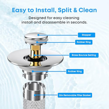Bathroom Sink Stopper with Hair Catcher Universal Pop-Up Drain Strainer for 1.25–1.5 inch US Standard Bathroom Sink Drain Strainer Hole Replacement