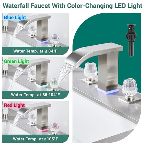 Bathroom faucets 3 Hole Widespread Brushed Nickel Bathroom Sink Faucet 8 inch LED Light Modern 3 Hole Vanity Faucet Bathroom with Pop Up Drain (Brushed Nickel) - color: Brushed Nickel
