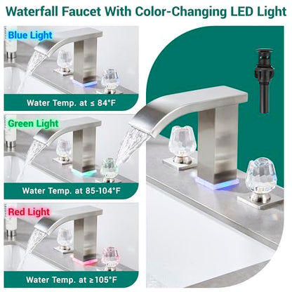 Bathroom faucets 3 Hole Widespread Brushed Nickel Bathroom Sink Faucet 8 inch LED Light Modern 3 Hole Vanity Faucet Bathroom with Pop Up Drain (Brushed Nickel) - color: Brushed Nickel