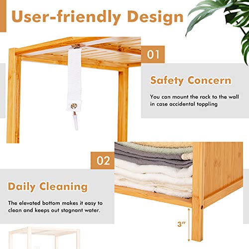 Tall Bamboo Cabinet, Narrow Bathroom Floor Storage Cabinet with 3 Tier Shelves & Shutter Door, Slim Linen Tower Cabinet for Living Room or Kitchen, 15.5 x 14.5 x 65 inches