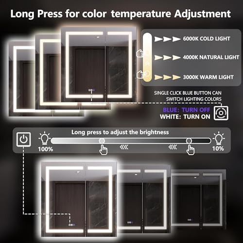 Luxury 36" Wall-Mounted LED Bathroom Medicine Cabinet, Outlets, Anti-Fog | Surface-Mount/Recessed, Double-Sided Mirror Cabinet, 3 Color Temp, DTC Silent-Close Hinges, Adjustable Tempered Glass Shelfs - size: 36"W x 36"H