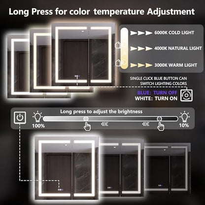 Luxury 36" Wall-Mounted LED Bathroom Medicine Cabinet, Outlets, Anti-Fog | Surface-Mount/Recessed, Double-Sided Mirror Cabinet, 3 Color Temp, DTC Silent-Close Hinges, Adjustable Tempered Glass Shelfs - size: 36"W x 36"H