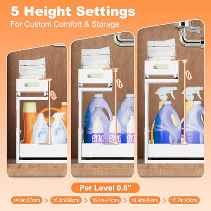 Upgrade 1 Pack Expandable Under Sink Organizer: 2-Tier Pull Out Cabinet with 3 Heavy-Duty Ball-Bearing Slide Rails, Tool-Free Height Adjustable, Slide-Out Drawers for Kitchen, Bathroom, Laundry - size: 1 Pack 15”-25”