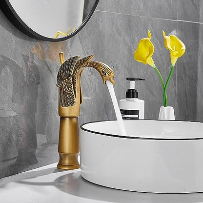 Antique Brass Swan Shape Single Handle One Hole Bathroom Vessel Sink Faucet Deck Mount Lavatory Sink Faucet - color: Antique Brass, size: Tall