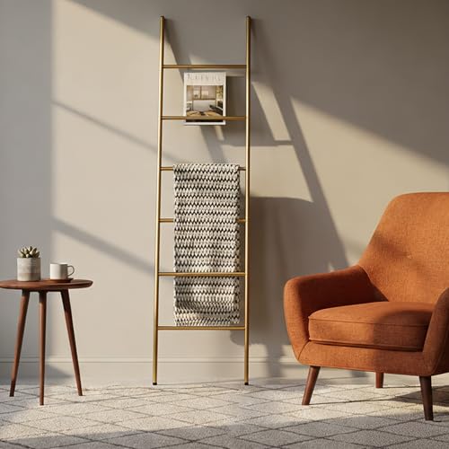 6-Tier Blanket Ladder 68 Inch Wall-Leaning Towel Rack for Living Room and Bedroom, Easy Assembly - Gold - color: Gold