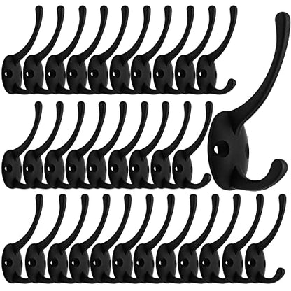 IBosins 32 Pack Black Double Coat Hooks Wall Mounted with 64 Screws | Retro Double Hooks Utility Hooks for Coat, Scarf, Bag, Towel, Key, Cap, Cup, Hat - color: 32 Pcs Black