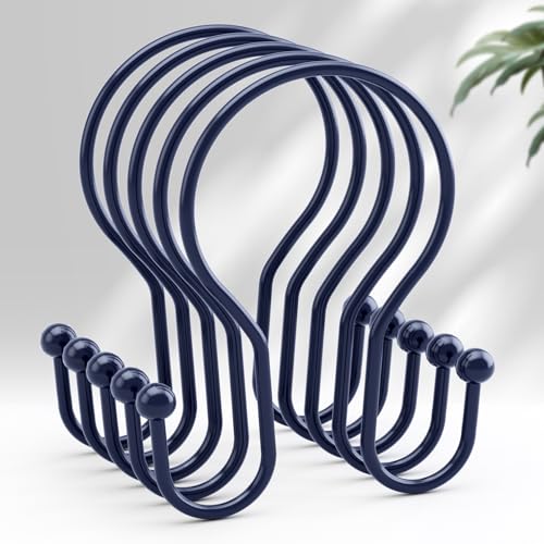 AmazerBath Shower Curtain Hooks Blue Shower Curtain Rings, Simple Double Hook Shower Curtain Hooks Rust Proof, Smooth Sturdy Metal Shower Hooks for Shower Curtain Rod, 12 Pcs Shower Rod Hooks - color: Navy Blue, style: Minimalist - Double Shower Hooks