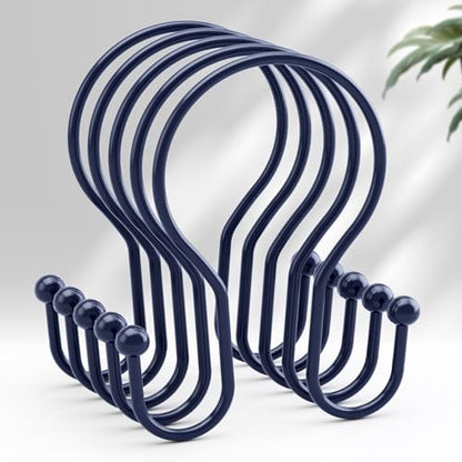 AmazerBath Shower Curtain Hooks Blue Shower Curtain Rings, Simple Double Hook Shower Curtain Hooks Rust Proof, Smooth Sturdy Metal Shower Hooks for Shower Curtain Rod, 12 Pcs Shower Rod Hooks - color: Navy Blue, style: Minimalist - Double Shower Hooks