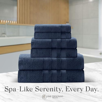 Premium Staple Cotton Bathroom Towel Set - Navy 600 GSM 6-Piece Luxury Bath Towel Set 3 Stripe - 2 Bath Towels, 2 Hand Towels & 2 Washclothes Set - High Absorbent & Quick Dry for Gym, Spa, Hotel - color: Navy - 3 Stripe