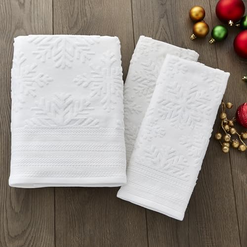 SKL Home Christmas/Winter Subtle Snowflakes Bath Towel, 100% Cotton, White | 550 GSM. Soft & absorbent. Textured jacquard pattern. Great for use in the bathroom, kitchen or bar & gifting. - color: Subtle Snowflakes, style: Bath Towel