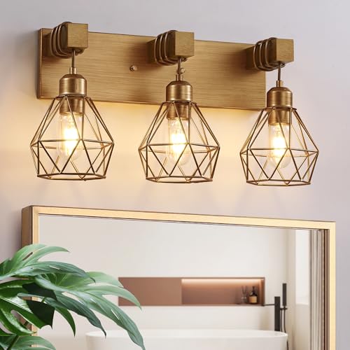 maesta 3 Light Bathroom Vanity Light, Farmhouse Gold Fixture Over Mirror | Farmhouse Bathroom Light Fixtures, Wood & Metal, Anti-Rust, Easy to Install for Rustic Bathroom Hallway - color: Gold, size: 3 Lights