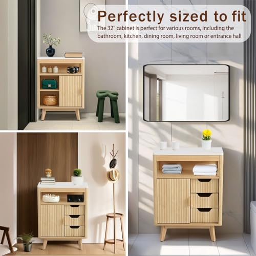 Fluted Storage Cabinet for Bathroom, 3 Drawer Floor Cabinet with Sliding Door, Mid Century Storage Organizer with Adjustable Shelf, Modern Curved Edge Cabinet for Dining Room Kitchen (Natural)