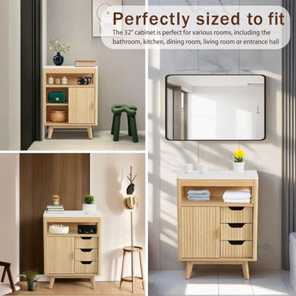 Fluted Storage Cabinet for Bathroom, 3 Drawer Floor Cabinet with Sliding Door, Mid Century Storage Organizer with Adjustable Shelf, Modern Curved Edge Cabinet for Dining Room Kitchen (Natural)