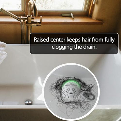 Shower Drain Hair Catcher & Bathtub Drain Hair Catcher, Silicone Drain Hair Catcher with Raised Dome Keeps Draining, Fits Flat & Pop-Up Drains, No-Curl Silicone, No-Touch Pull Tab (White)