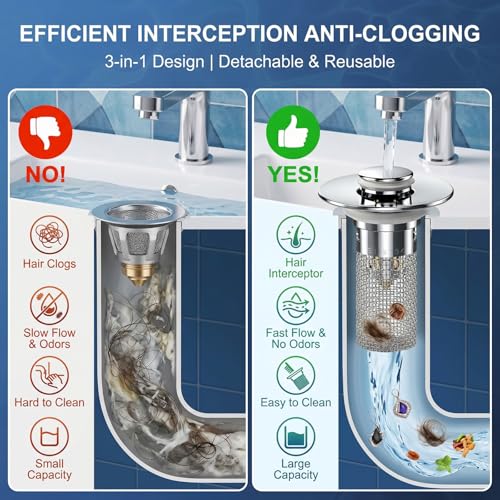 2PCS Bathroom Sink Drain Strainer, Pop-up Stopper Hair Catcher with Stainless Steel Filter Basket, Universal Replacement Drain Plug for Bathroom Sinks