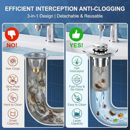 2PCS Bathroom Sink Drain Strainer, Pop-up Stopper Hair Catcher with Stainless Steel Filter Basket, Universal Replacement Drain Plug for Bathroom Sinks
