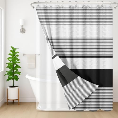3 in 1 Shower Curtain and Liner,72 x 72 inch, Striped Black | Shower Curtain and PEVA Liner Set with 12 Rust-Resistant Metal Hooks, Waterproof Fabric Curtains for Bathroom - color: Black