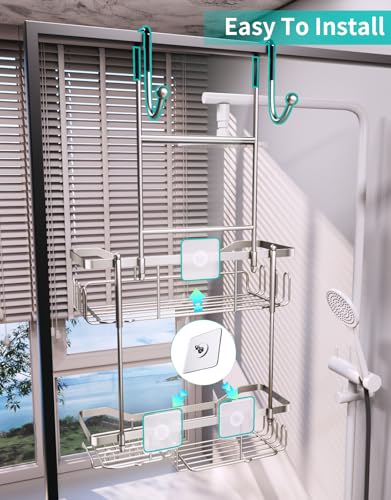 HapiRm Hanging Shower Caddy Over the Door with Soap Holder, No Drilling Adhesive Shower Organizer with 11 Hooks, Rustproof & Waterproof 304 Stainless Steel Bathroom Shelves - Brushed Nickel - color: Brushed Nickel-2