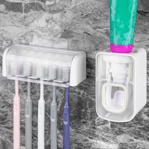 5 Slots Wall Mount Toothbrush Holder with Cover, Self Adhesive Toothbrush Storage Organizer for Shower, Toothbrush Hanger with Automatic Toothpaste Squeezer Dispenser - color: White Combination