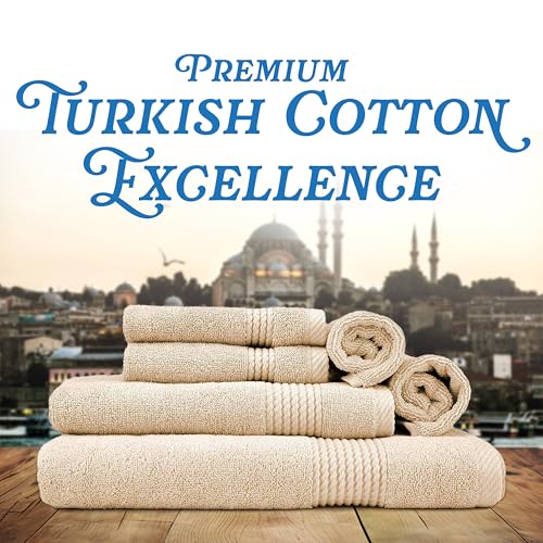 Lara Premium Bath Towel Set 6 Piece - Soft & Highly Absorbent Bathroom Towel Set, 100% Luxury Turkish Cotton, Flannel Bath Towels, 1 Bath Towel, 1 Hand Towel, 4 Washcloths - Beige - color: Beige, size: 1 Bath Towel, 1 Hand Towel, 4 Wash Cloths