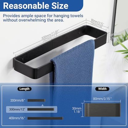 SAYAYO Matte Black Hand Towel Holder for Bathroom Wall, 12 Inch Self Adhesive Towel Bar Hand Towel Rack Square Heavy Duty - color: Black, size: 12 Inch