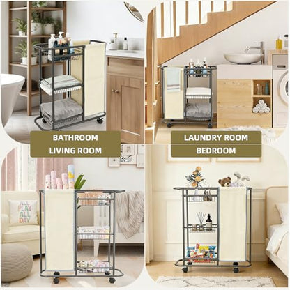 Rolling Laundry Basket with Wheels and Handle,3 Storage Baskets, 45 L Bag | Heavy Duty Laundry Cart, Space Saving Laundry Room Organization - color: Beige