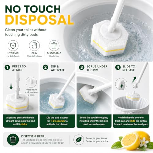 Toilet Wand Refills 60 Count Lemon Scent – Disposable Toilet Bowl Cleaner Brush Heads with Fresh Citrus Fragrance, Fits Most Standard Toilet Wand Handles, Hygienic No-Touch Cleaning Sponge Pads - size: 1 Count (Pack of 60)