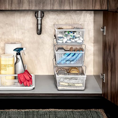 madesmart 2 Tier Organizer, Under Cabinet Storage with Pull Out Sliding Drawers, for Cleaning Supplies, Pantry, Undersink, Sponges, Bottles & Bath, Pull Out Baskets, Frost 2 PACK