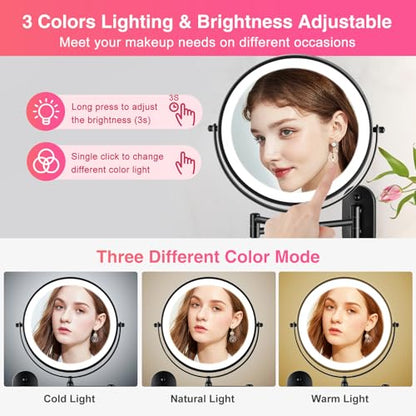 Magnifying Mirror with Lights 1x/15x Rechargeable | 8.5 inch Wall Mounted Lighted Makeup Mirror for Bathroom - color: Black