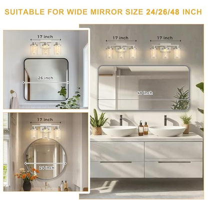 L LOHAS LED 3-Light Bathroom Vanity Light, Nickel, 5CCT, Remote Control | 5CCT Dimmable Acrylic Bathroom Light Fixtures with Clear Glass Shades and Remote Control
