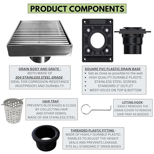 304 Stainless Steel 4 Inch Brushed Nickel Square Shower Drain Kit with Base Linear Wedge for Tile Floor Drain Grate Cover Hair Catcher Trap (Brushed Stainless Steel, Square PVC Plastic) - color: Brushed Stainless Steel