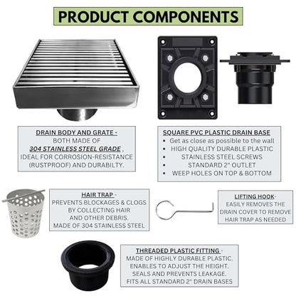 304 Stainless Steel 4 Inch Brushed Nickel Square Shower Drain Kit with Base Linear Wedge for Tile Floor Drain Grate Cover Hair Catcher Trap (Brushed Stainless Steel, Square PVC Plastic) - color: Brushed Stainless Steel