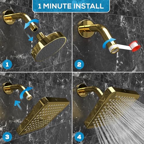 SparkPod Rain Shower Head, 6 Inch Square, Egyptian Gold Finish | High Pressure Shower Heads, 90 Nozzles, Adjustable Showerhead, No Tools Needed, Universal Connection - color: Egyptian Gold, style: 6 Inch Square