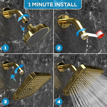 SparkPod Rain Shower Head, 6 Inch Square, Egyptian Gold Finish | High Pressure Shower Heads, 90 Nozzles, Adjustable Showerhead, No Tools Needed, Universal Connection - color: Egyptian Gold, style: 6 Inch Square