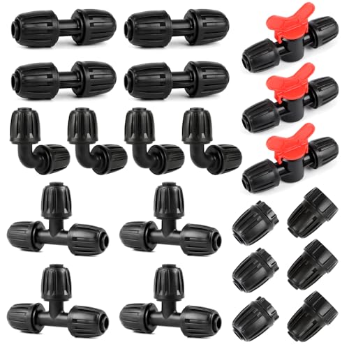 21 Pieces1/2 Inch Drip Irrigation Fittings Kit, 1/2'' Drip Line Barbed Locked Connectors for 1/2 Inch Irrigation Tubing (1/2" ID x 0.650" OD) Coupling Tee Elbow Plug Valve Faucet Adapter - size: 1/2" Fittings Kit 21 Pcs