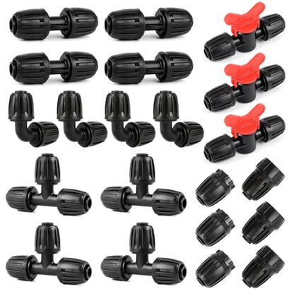 21 Pieces1/2 Inch Drip Irrigation Fittings Kit, 1/2'' Drip Line Barbed Locked Connectors for 1/2 Inch Irrigation Tubing (1/2" ID x 0.650" OD) Coupling Tee Elbow Plug Valve Faucet Adapter - size: 1/2" Fittings Kit 21 Pcs